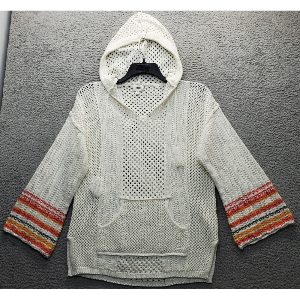 BKE Pointelle Hooded Sweater Womens Medium Multi Crochet Open Knit Flared Sleeve
